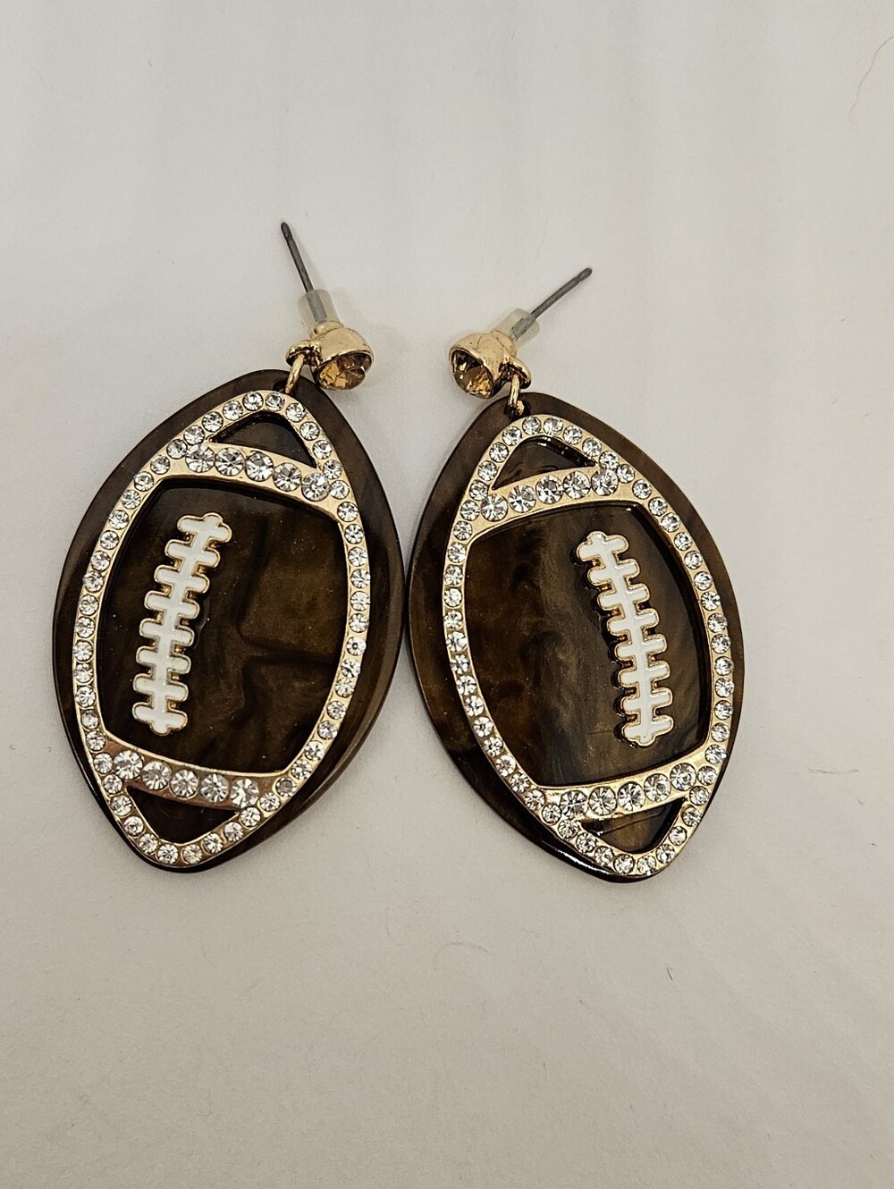 Football Earrings Dangle Drop Rhinestones Acrylic Plastic Gold Tone